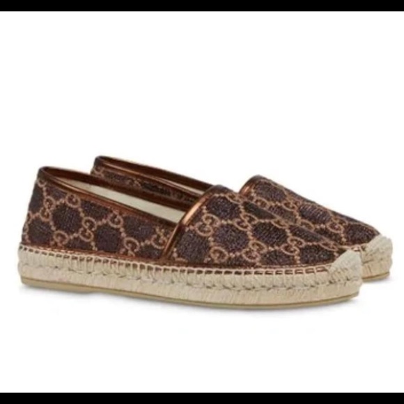 Authentic Gucci WOMEN'S HERITAGE GG LAMÉ ESPADRILLE IN BROWN size 5 - Picture 4 of 8